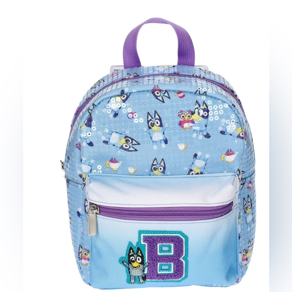 Bluey Mini Backpack Kids/Girls Blue and Purple Sequin Letter ‘B’ Bag NWT